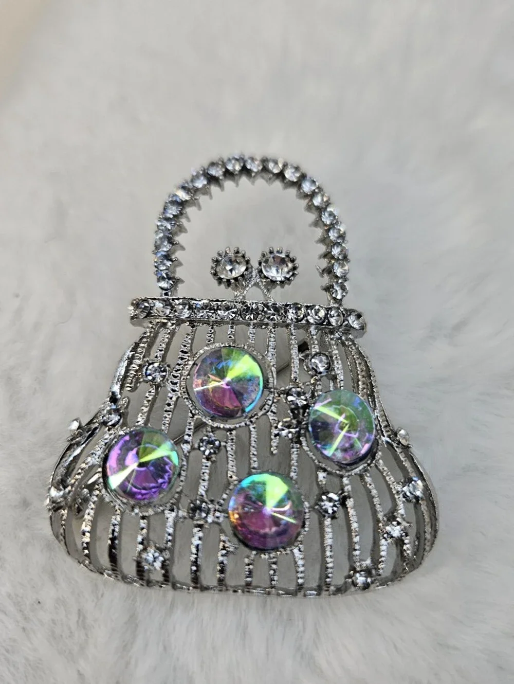 Rhinestone Silver Handbag Brooch – Iridescent Accent